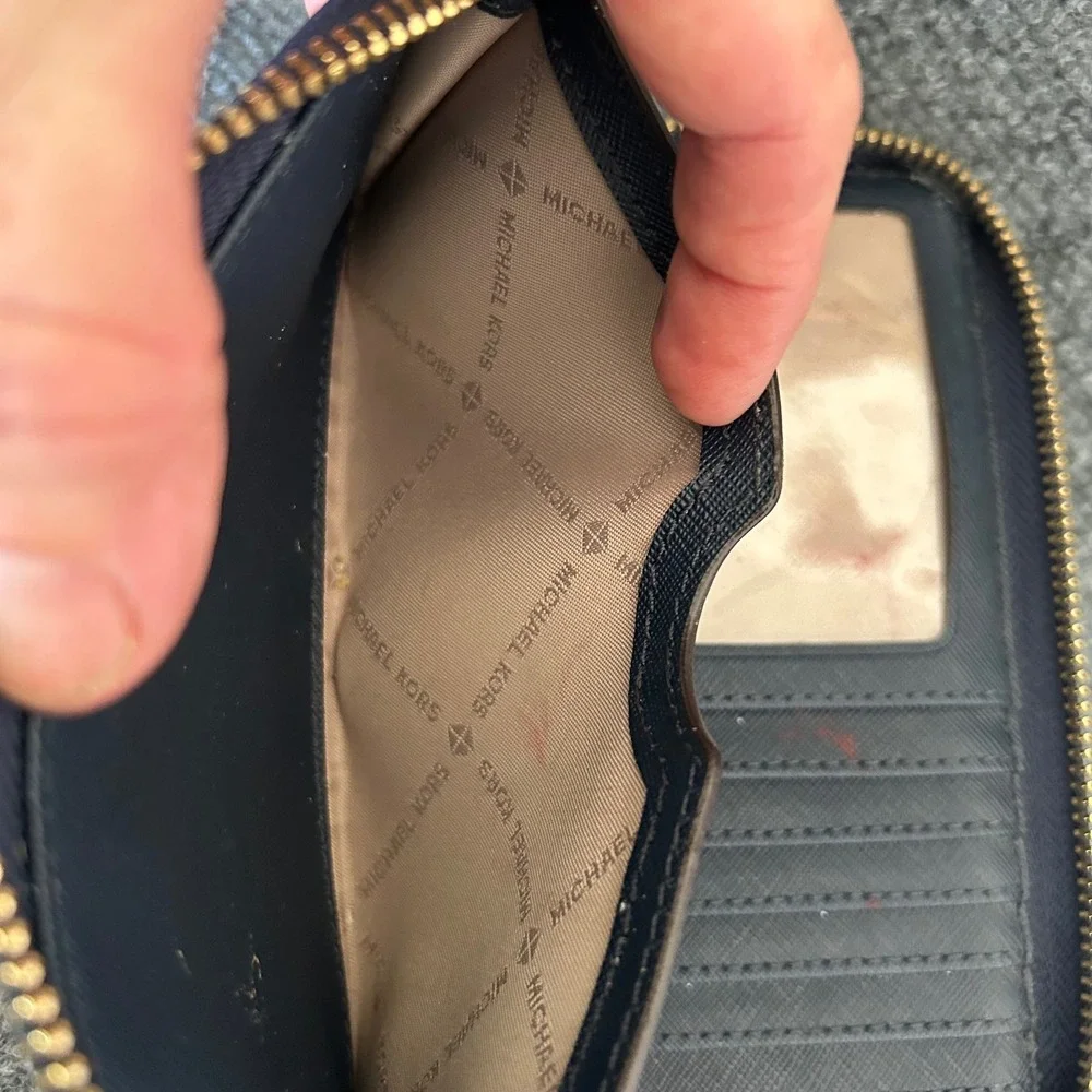 Michael Kors Jet Set Zip Around Wallet Navy Blue Saffiano Leather Gold Hardware